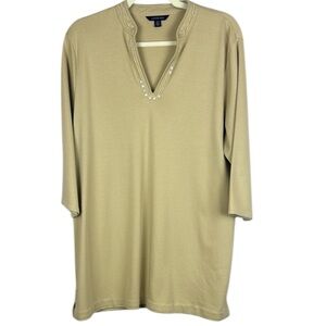 Lands' End 100% Cotton Cream 3/4 Sleeve Top with Beaded Details Size 14-16